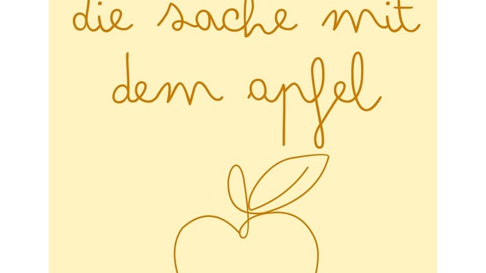 Einladung zum Gottesdienst mit einer handgezeichneten Apfel- und Kaffeetassen-Illustration, betitelt *„die sache mit dem apfel“* für den 22. Februar 2026.