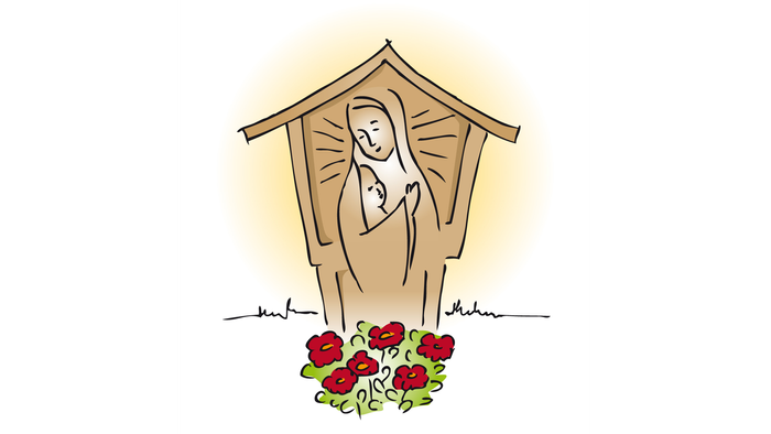 Ein Bild zeigt Maria mit Jesus in einer Krippe, umgeben von roten Blumen