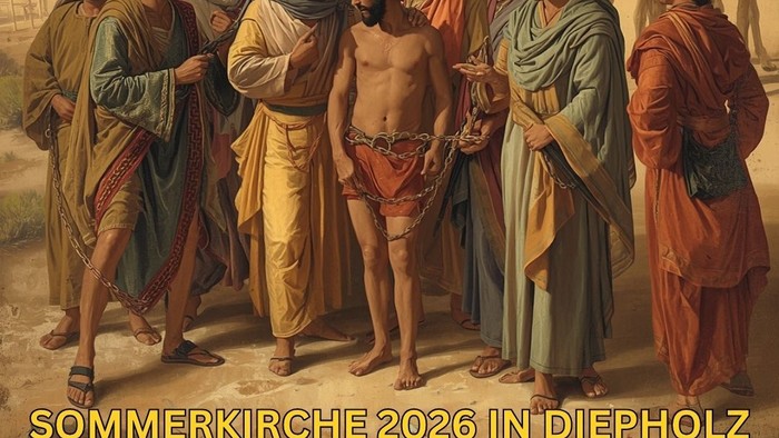 Plakat für die Veranstaltung „Tatort Bibel“ in Diepholz, das eine Konfliktszene biblischer Brüder darstellt, mit Veranstaltungsdetails.