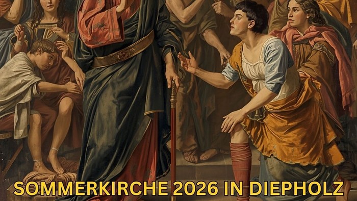 Plakat zur Bewerbung einer biblisch inspirierten Kirchenveranstaltung in Diepholz am 9. August 2026 mit einer historischen Szene.