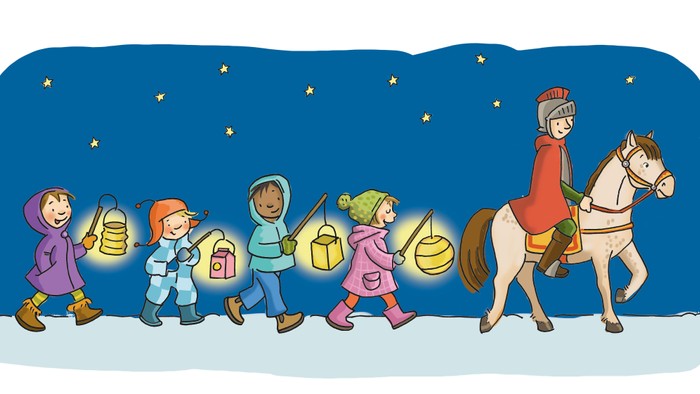 Kinder ziehen mit Laternen und Mann auf Pferd durch Schnee