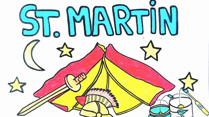 Das Bild zeigt verschiedene Gegenstände und Symbole, die mit dem Heiligen Martin verbunden sind, darunter ein Schwert, einen Helm und einen Umhang.