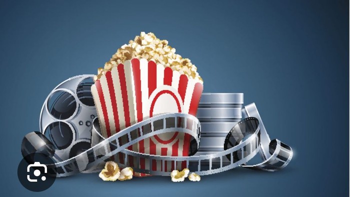 Popcorn, 3D glasses, and film reel on dark background