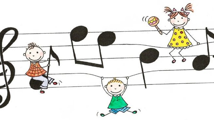 Kinder spielen auf Notenlinien Musikinstrumente
