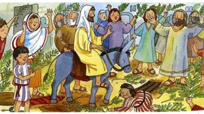 En gruppe mennesker omgiver Jesus, der udfører et mirakel.