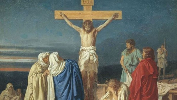 Krucifixionsscenen med Jesus på korset omgivet af folkemængde.