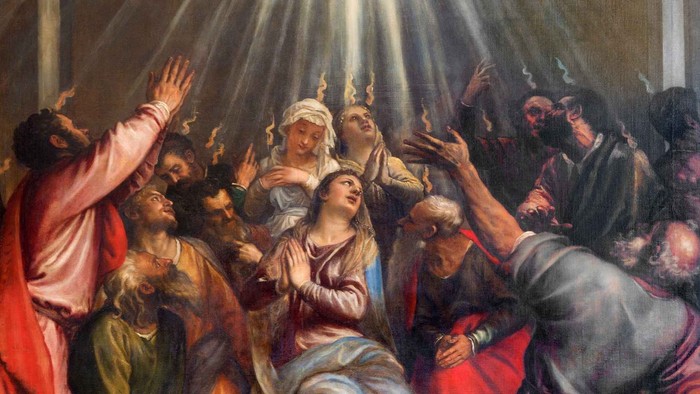 Billedet viser en religiøs scene med en gruppe af personer, der optræder i en dramatisk og spiritualisk stille.