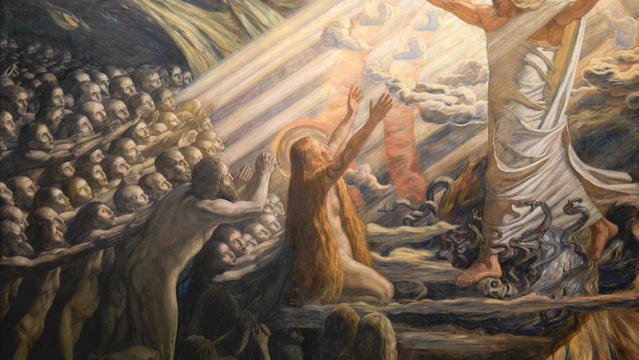 Guddommelig skikkelse stiger op, mens den rækker ud og redder sjæle fra en kaotisk, mørk underverden.