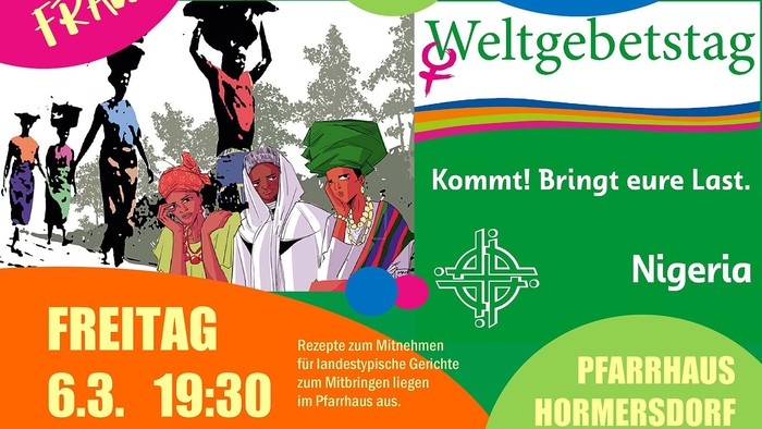 Einladungsplakat für einen Weltgebetstag in Nigeria im Pfarrhaus Hormersdorf mit traditioneller Kleidung und Rezepten.