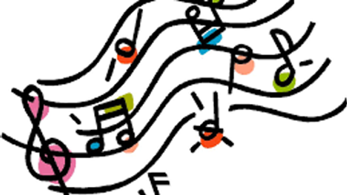 Billedet viser en stiliseret musiks notation med forskellige toner og symboler.