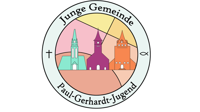 Logo für die Junge Gemeinde Paul-Gerhardt-Jugend mit bunten Kirchenillustrationen und einem Fischsymbol.