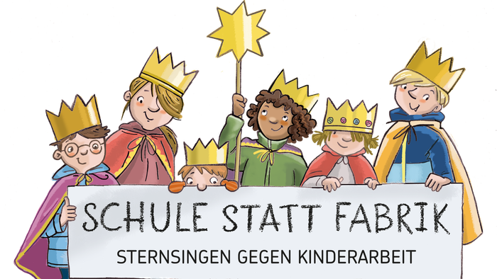 Kinder halten ein Banner mit der Aufschrift *„Schulstart Stoff“*.