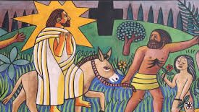 Eine biblische Szene zeigt Jesus, der auf einem Esel reitet, während ein bärtiger Mann und ein Kind in der Nähe zuschauen.