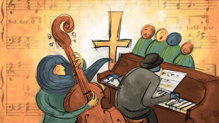En tegnelse af en mand som spiller cello og en orgelspiller i kirke.
