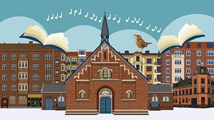 En lille kirke i et bymiljø med en fugl på taket og musiknoter i luften