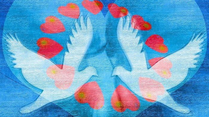 To duer med hjerter i flugt mod blå baggrund