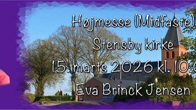 Velkomstbanner til hjemkomstarrangement i Stensby Kirke den 15. marts 2026 med Eva Brinck Jensen.