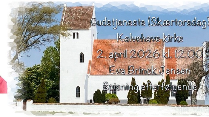 Meddelelse om langfredagsgudstjeneste i Kalvehave Kirke med detaljer og et billede af kirken.
