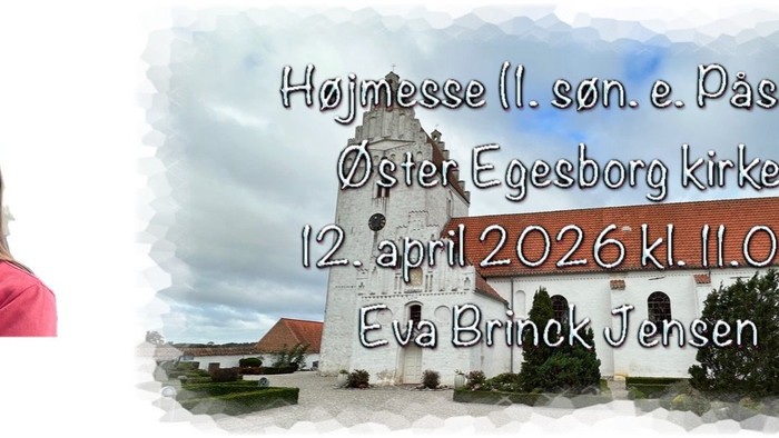 Indbydelseskort til Højniesse dåb i Øster Egesborg Kirke den 12. april 2026 med Eva Brinck Jensen.