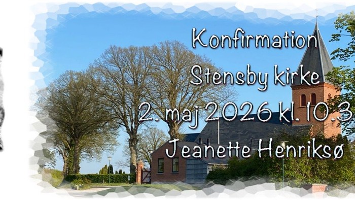 Bekræftelsesannoncering for Jeanette Henriksø i Stensby Kirke den 23. maj 2026 kl. 10:30 med fotos.
