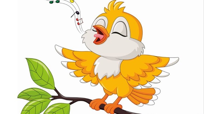 En gul og hvid fugl synger på gren med blad.