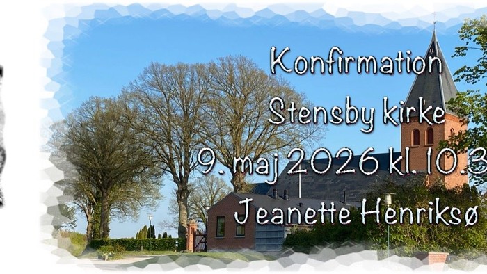Bekræftelsesannoncering for Jeanette Henriksø i Stensby Kirke den 9. maj 2026 kl. 00:30 med en kirkebaggrund.