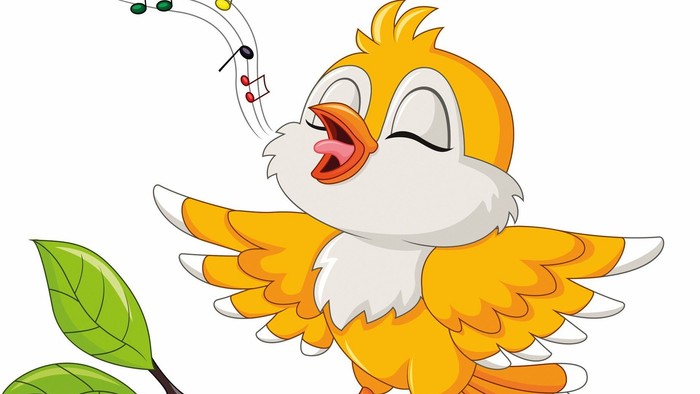 En glad gul fugl synger muntert, mens musikalske noder svæver omkring den.