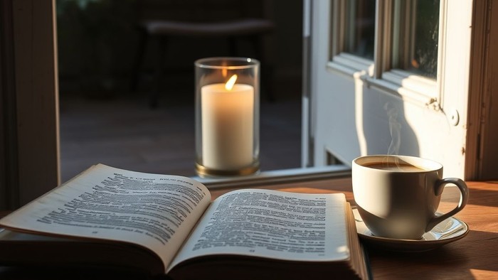 Åben bog, tændt stearinlys og kaffekop på bordet ved vinduet.