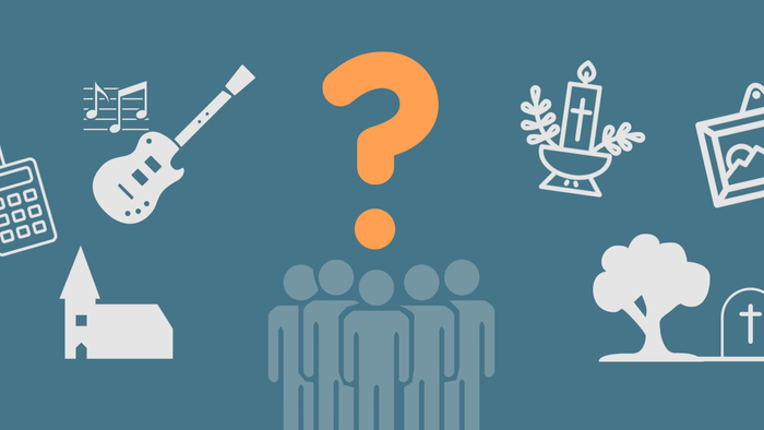 Billedet viser symboler for musik, kirke, og samfundsaktiviteter med spørremærke i midten