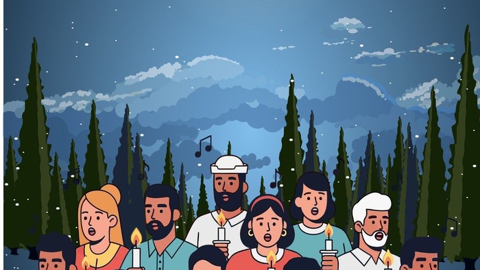 Group of people singing together under the moonlight