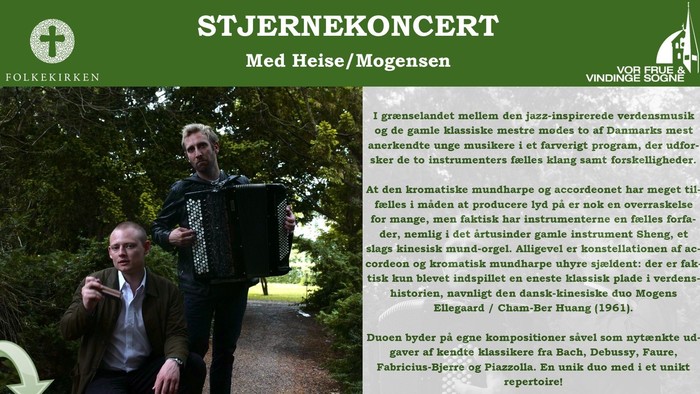 Plakat til stjernekoncert med Heise/Mogensen i Ny Vor Frue Kirke med folkemusik.