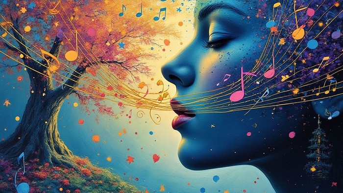 Eine Frau singt, umgeben von Musiknoten und bunten Blättern