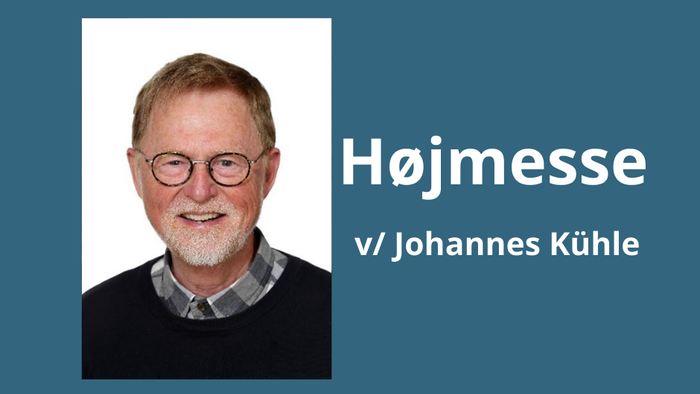 Portræt af Johannes Kühle mærket som højmessearrangør på en blå baggrund.