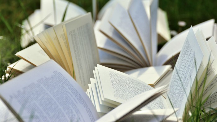 Bøger ligger kunstfærdigt spredt mellem grønt græs og planter.