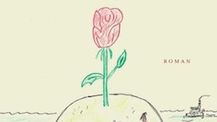 Et fantasifult bogomslag med en rose, der vokser på en ø med en lille by og en båd.