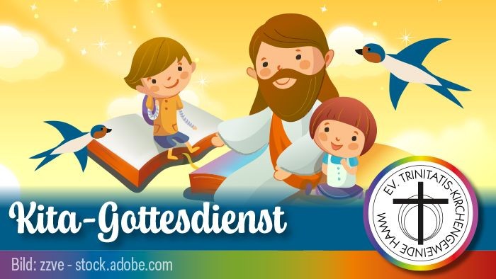 Kinder mit einem bärtigen Mann, Vögeln und einem religiösen Text