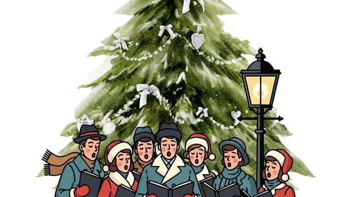 Group of people singing carols in front of a decorated Christmas tree