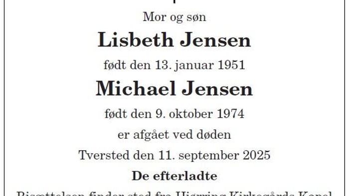 Dødsannonce for Lisbeth og Michael Jensen på Afdøde.DK 12.11.2025 fra Baggesens Begravelsesforretning.