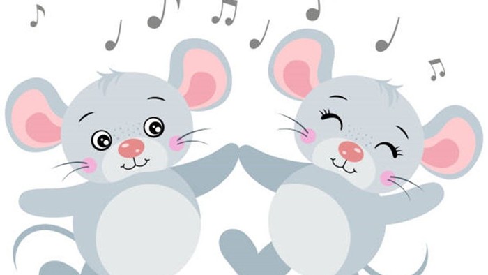 To muskøer danser glade sammen med musik.