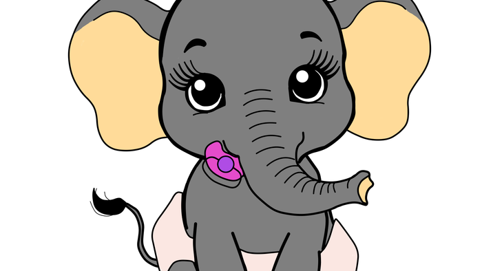 En tegnet elefantbaby med rosa mund og øreklip