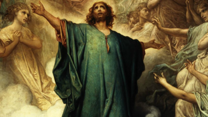 Billedet viser en religiøs scene med Jesus omgivet af engle.