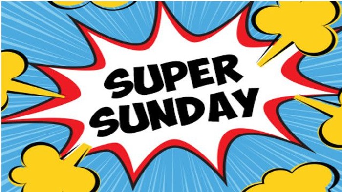 Billedet viser 'Super Sunday' med dynamisk og farverig stil.