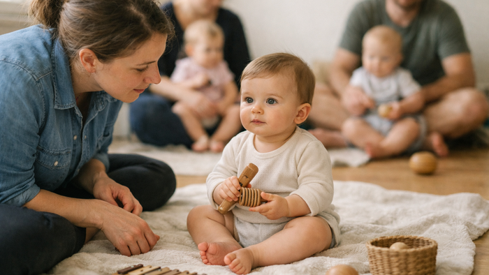 Voksen sidder på gulvet sammen med baby, der holder et lille træinstrument, mens andre forældre og babyer sidder i baggrunden i et lyst og roligt rum.