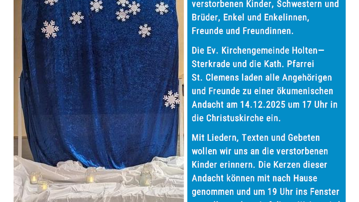 Flyer für die **Worldwide Candle Lighting**-Veranstaltung, mit einem blauen Tuch mit weißen Schneeflocken, Veranstaltungsdetails und Standortinformationen.