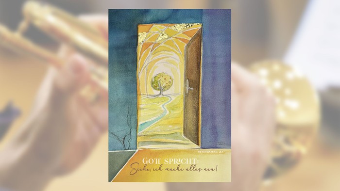 Aquarellillustration einer offenen Tür, die einen hellen, gewundenen Pfad mit einem Baum und goldenem Himmel offenbart.