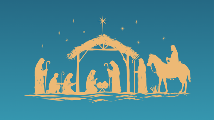 Silhouette einer Weihnachtskrippe mit dem Jesuskind, Maria, Josef, Engeln und Tieren unter einem sternenklaren Nachthimmel