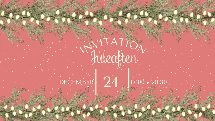 Julefestsinvitation med grankviste og hvide bær, lyserød baggrund