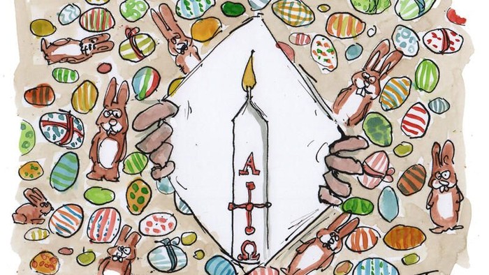 Osterfeier mit bunten Eiern und Kaninchen um eine Kirche