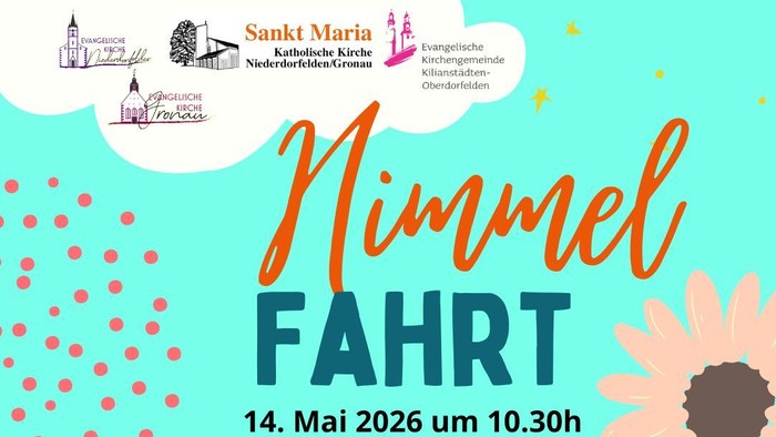 **Einladungsposter für einen ökumenischen Freiluftgottesdienst und ein gemeinsames Treffen am 14. Mai 2026 in der Ölmühle Niederdorfelden.**