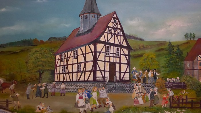 Gemälde von Günter Felsing der Lardenbacher Kirche bei ihrer Einweihung 1657